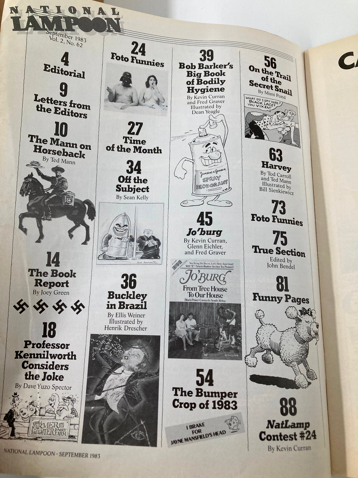 Inside page of National Lampoon Humor Magazine September 1983 displaying the table of contents with various humorous features and illustrations.