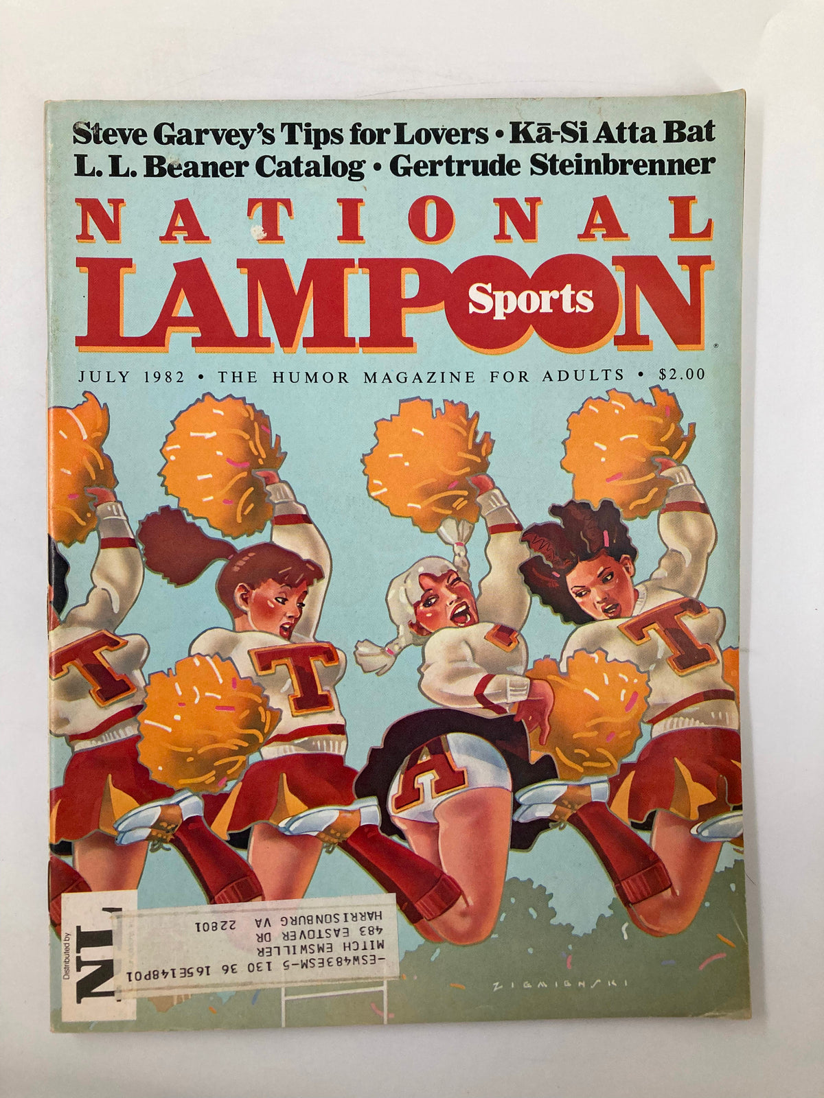 Cover of the National Lampoon Humor Magazine from July 1982 featuring Steve Garvey's Tips for Lovers. The colorful illustration showcases cheerleaders with pom-poms, capturing the playful essence of 1980s humor.