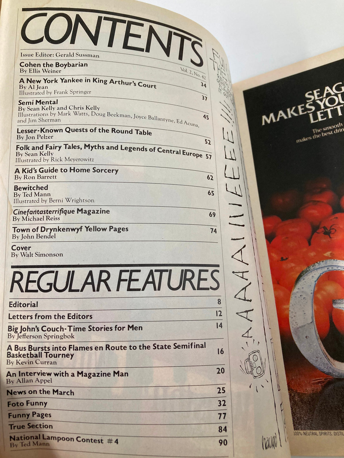 Contents page of National Lampoon Humor Magazine January 1982 detailing articles including 'Cohen the Boybarian' and 'A New York Yankee in King Arthur's Court'.