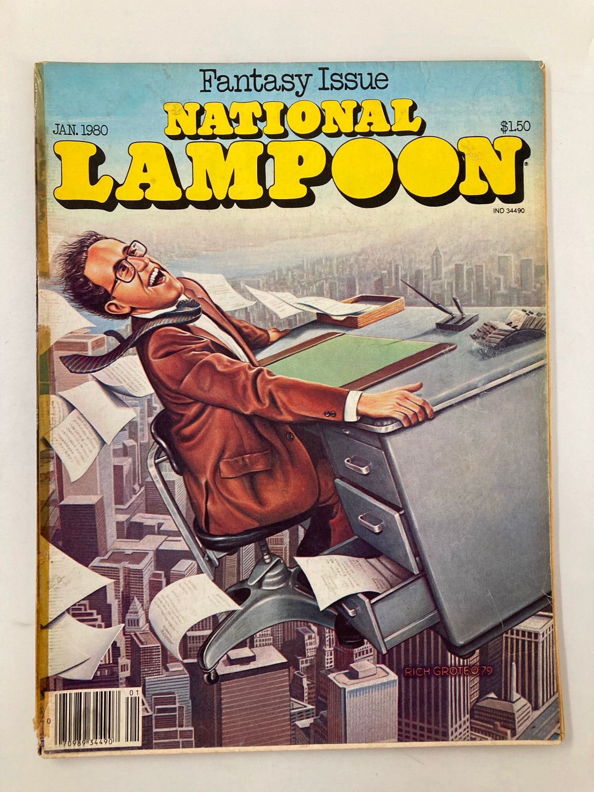 Cover of National Lampoon Humor Magazine from January 1980, featuring a comedic illustration of a man laughing at his desk surrounded by flying papers, reflecting the humorous theme "Don Juan Revisited."
