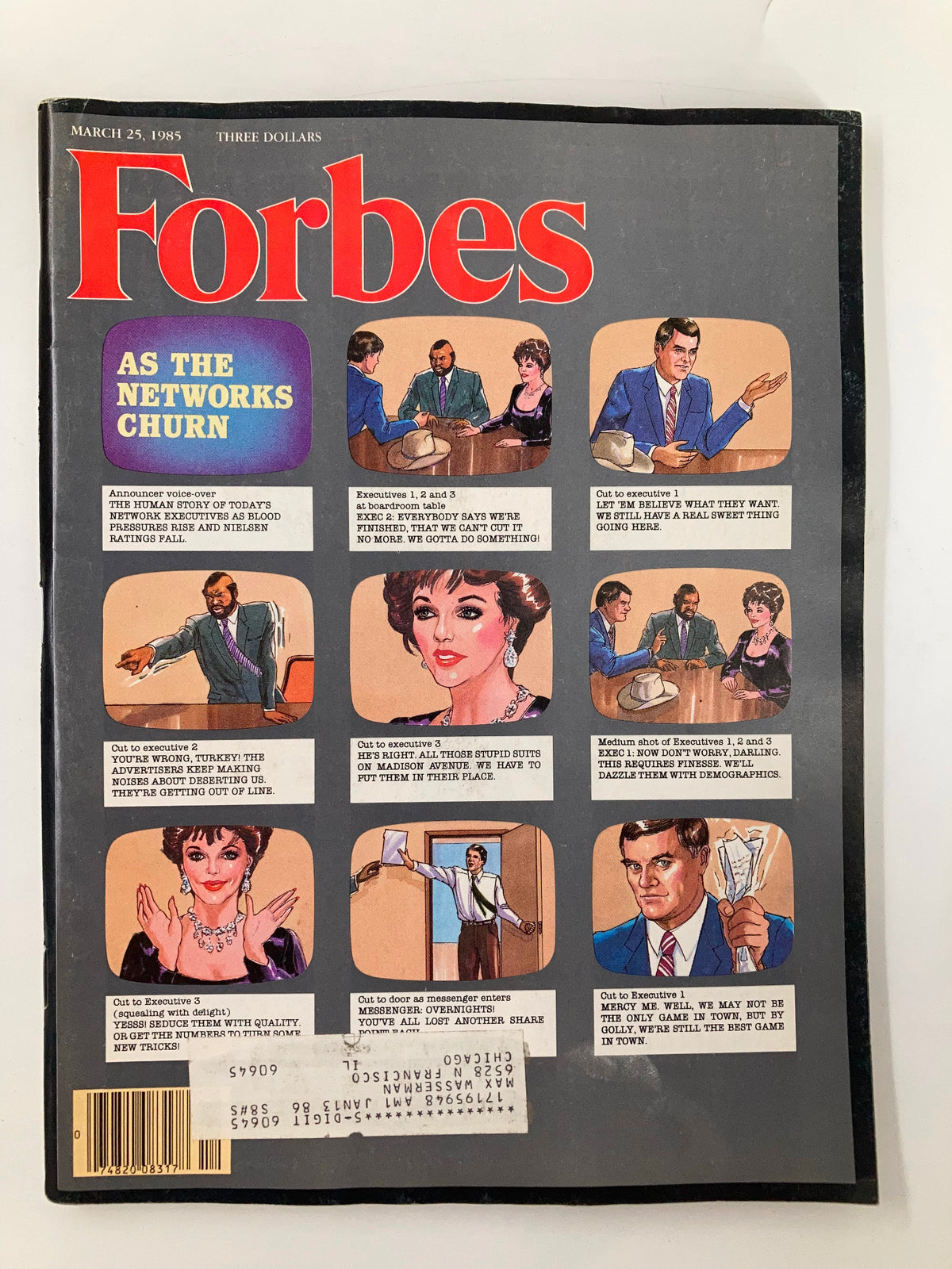 Forbes Magazine March 25 1985 cover featuring the title 'AS THE NETWORKS CHURN' with illustrations of corporate executives discussing in a boardroom.