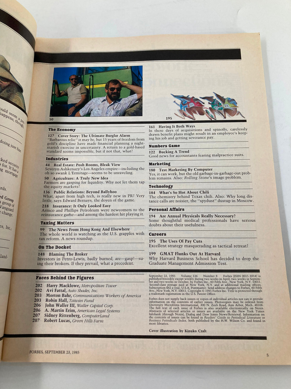 Page from the vintage Forbes Magazine dated September 23, 1985, featuring content and advertising related to economic trends, including sections on 'The Economy' and 'Industries', alongside photographs and artwork relevant to the era.