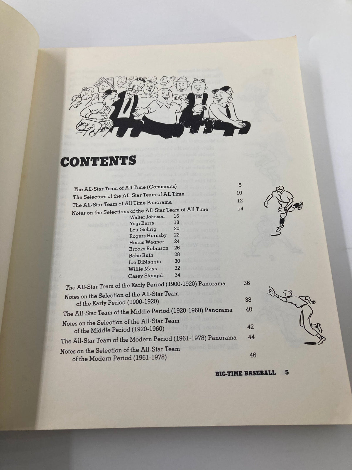 Contents page of VTG 1978 Big-Time Baseball by Maury Allen, listing All-Star Teams and historical insights into baseball.