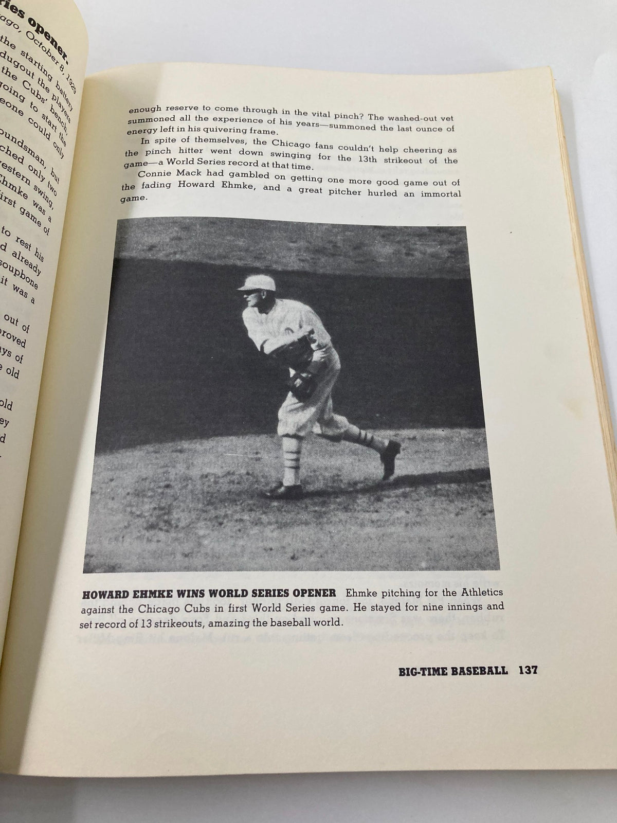 Image from VTG 1978 Big-Time Baseball by Maury Allen showcasing Howard Ehmke pitching during the World Series opener against the Chicago Cubs.