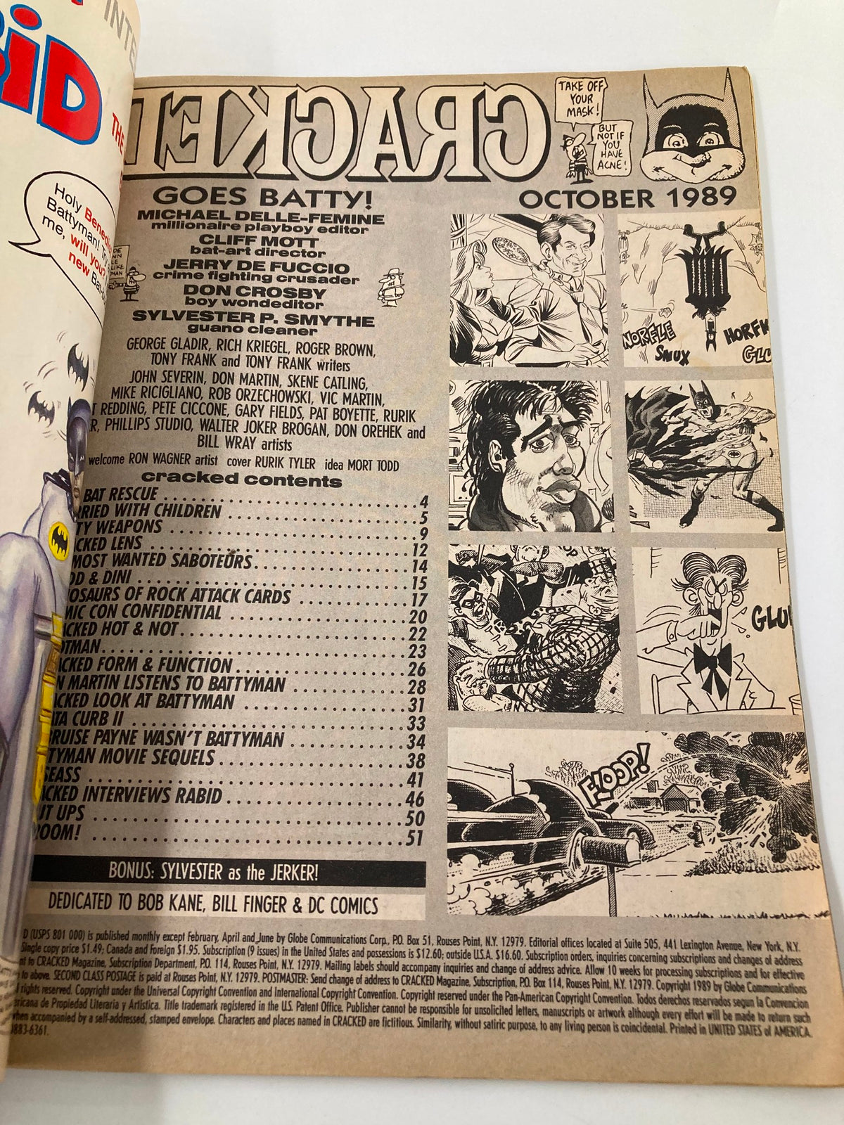 Interior page from Cracked Humor Magazine October 1989 showing contents, with features related to The Dark Knight and humor themes from the era.