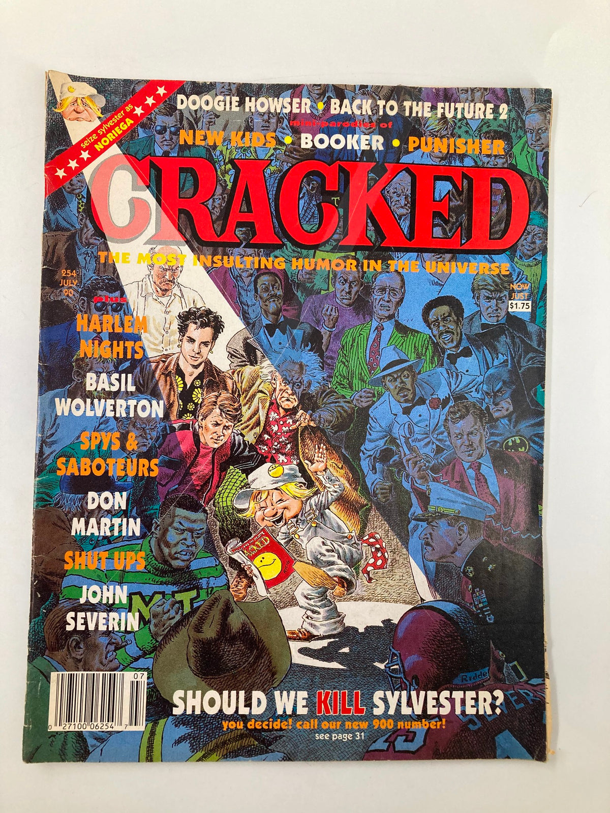 Cover of Cracked Humor Magazine from July 1990 titled 'Should We Kill Sylvester?', featuring colorful illustrations and humorous themes from the early 90s.