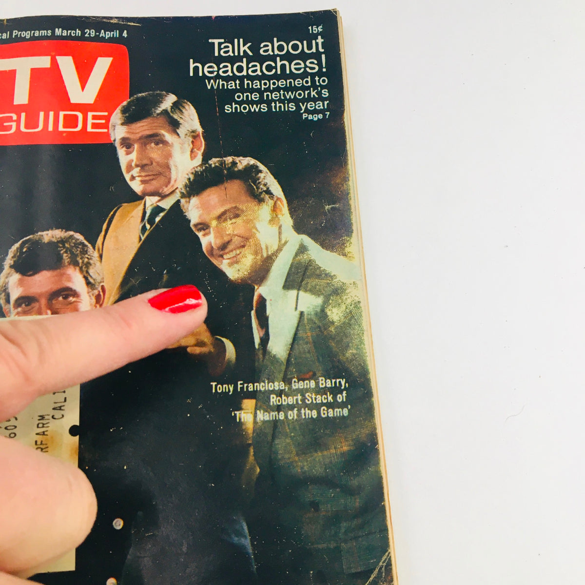 Close-up of the vintage TV Guide cover from March 29, 1969, issue #835 showcasing Tony Franciosa, Gene Barry, and a finger pointing at the text.