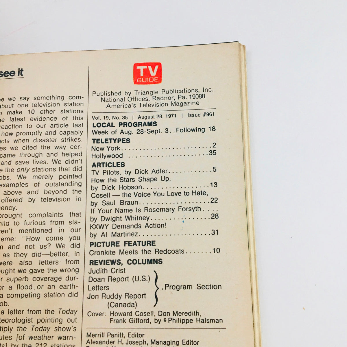 Table of contents in TV Guide August 28 1971 #961 highlighting local programs, articles, and features.