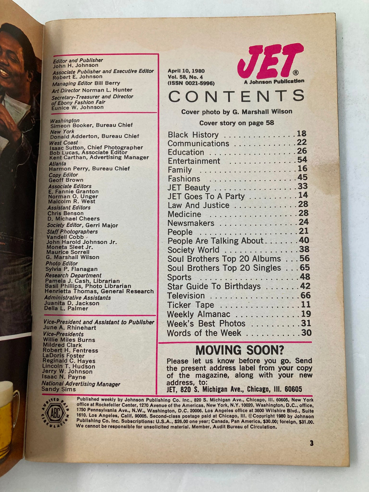 Contents page of VTG Jet Magazine April 10 1980 Vol 58 #4, listing various articles and features within the issue, published by Johnson Publishing Company.