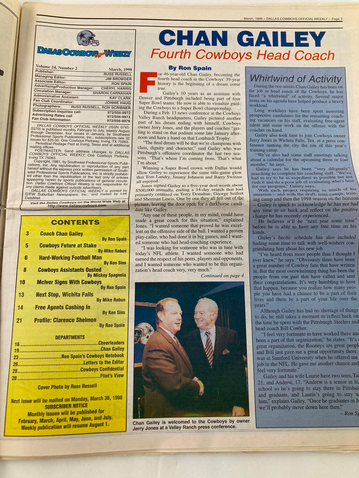 Dallas Cowboys Weekly Newspaper March 1998 Vol 24 #2 featuring Coach Chan Gailey, highlighting his welcome to the team with images and text explaining his background, along with the contents of the issue.