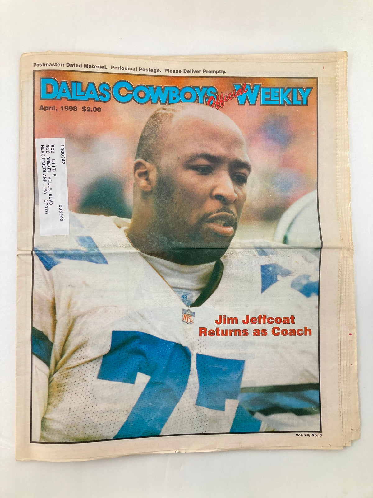 Dallas Cowboys Weekly Newspaper April 1998 Vol 23 #3 featuring Coach Jim Jeffcoat on the cover, showcasing a photograph of Jeffcoat in uniform during a game.
