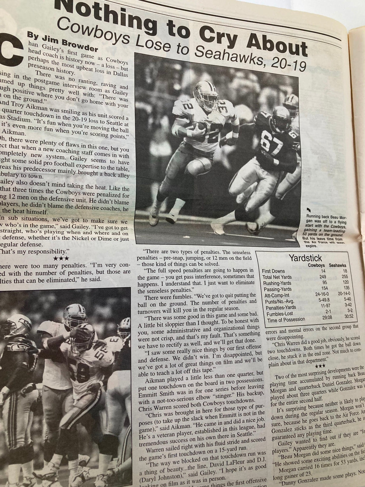 Dallas Cowboys Weekly Newspaper August 8 1998 Vol 24 #8 article titled 'Nothing to Cry About' discussing the Cowboys' game loss to the Seahawks.