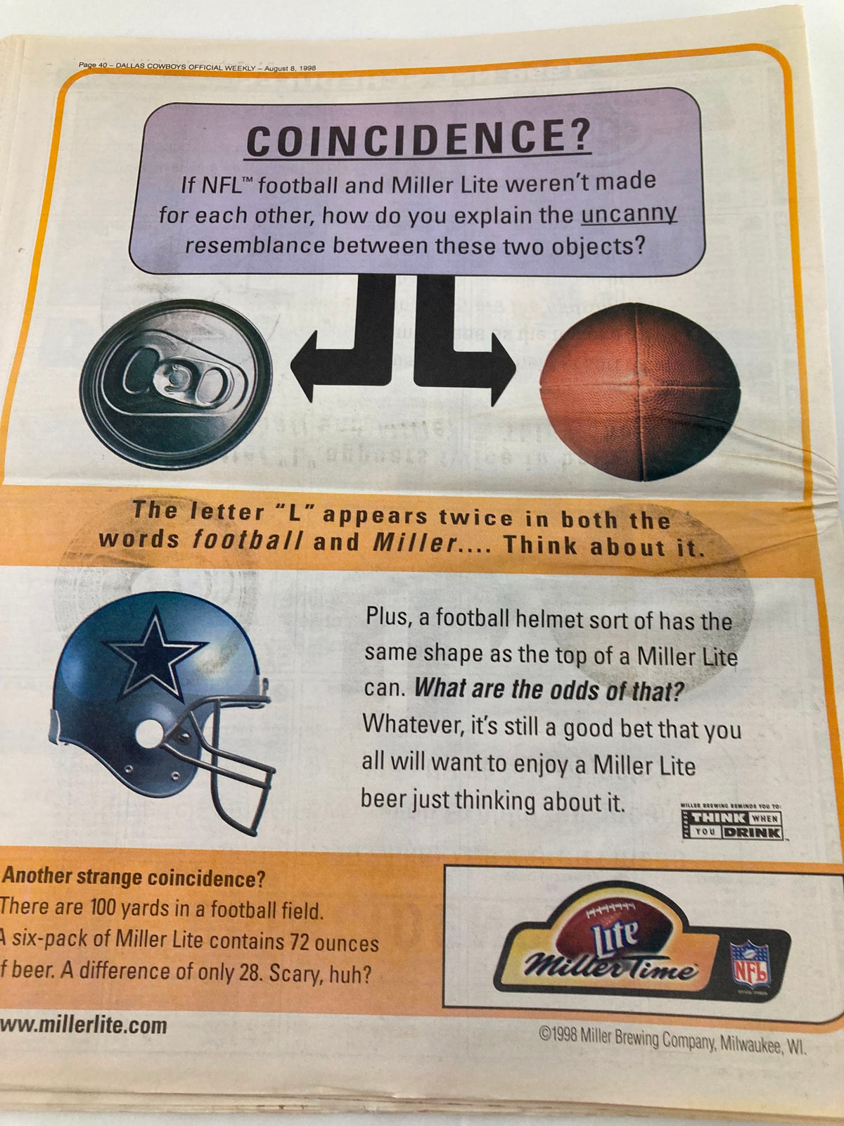 Dallas Cowboys Weekly Newspaper August 8 1998 Vol 24 #8 ad comparing the NFL football and Miller Lite beer, highlighting a humorous connection.
