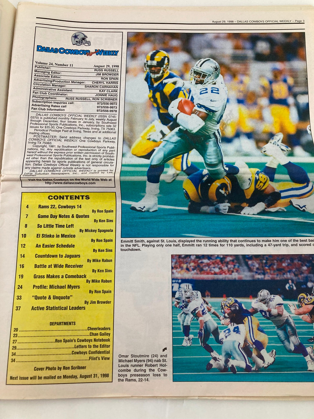 Dallas Cowboys Weekly Newspaper August 29 1998 Vol 24 #11 featuring Ernie Smith during a game against the Rams. The image showcases a pivotal play on the field as Smith runs the ball, highlighting the excitement of the match.