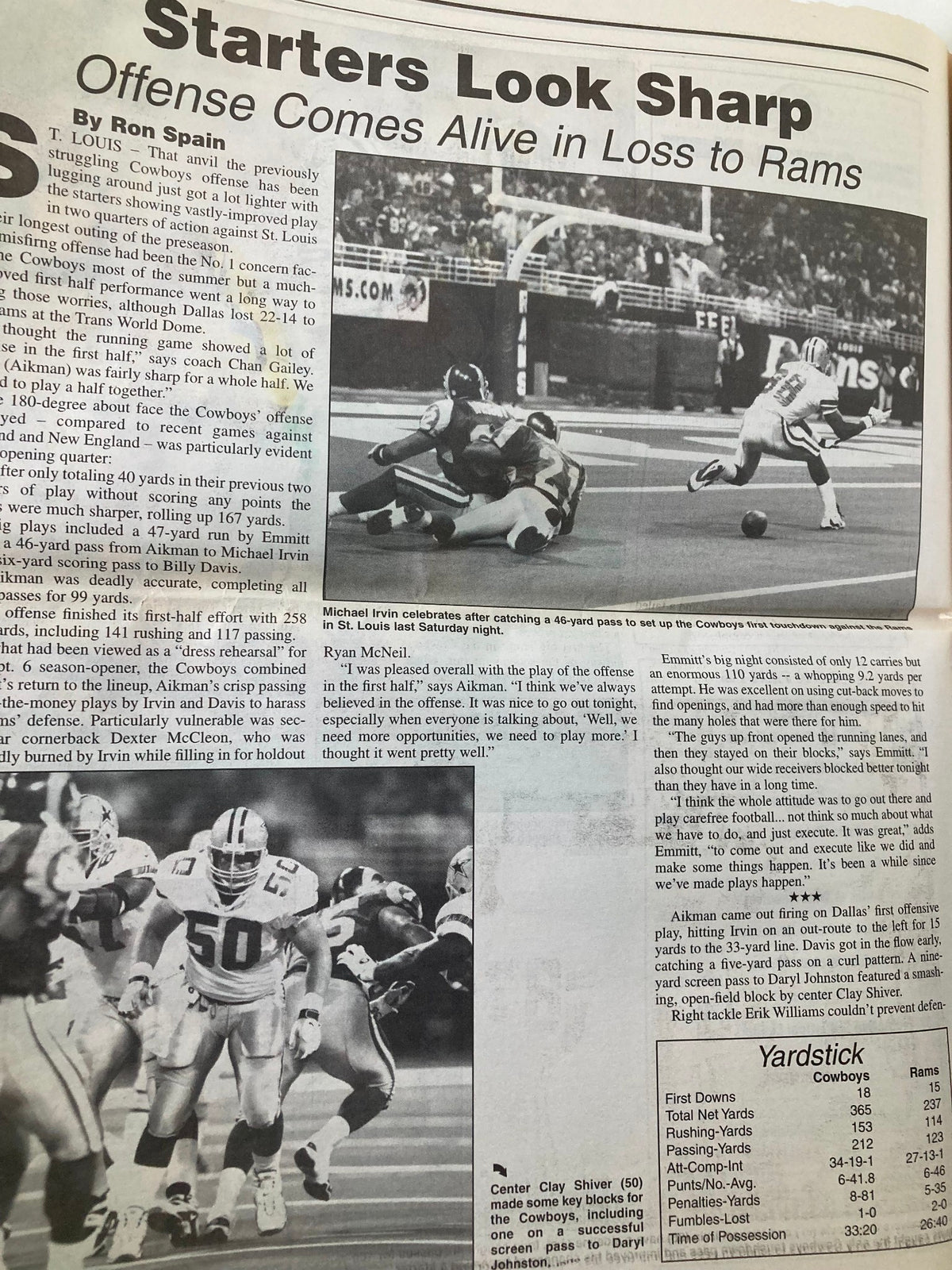 Dallas Cowboys Weekly Newspaper August 29 1998 Vol 24 #11 with a focus on offensive plays. The image captures critical moments from a game against the Rams, illustrating the intensity of the match with players in action.
