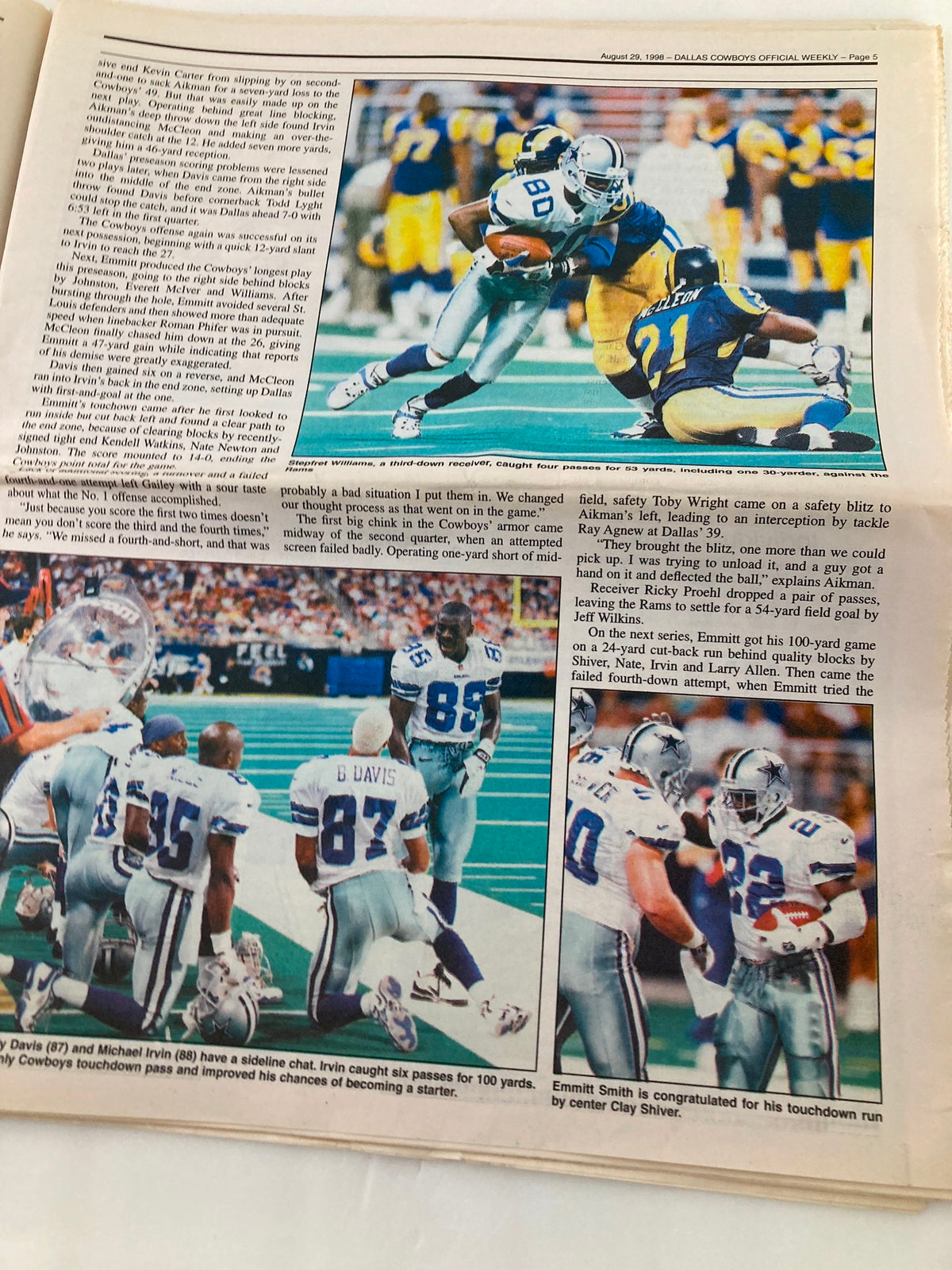 Dallas Cowboys Weekly Newspaper August 29 1998 Vol 24 #11 featuring highlights from a football game including players such as Kevin Carter and Emmitt Smith.
