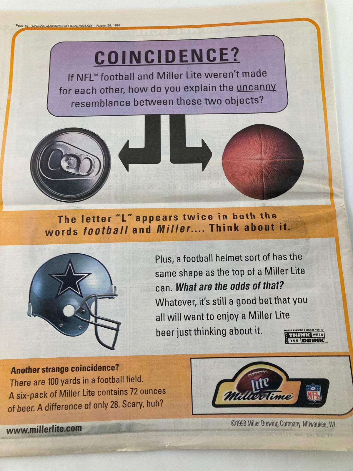 Dallas Cowboys Weekly Newspaper August 29 1998 Vol 24 #11 featuring a humorous advertisement comparing football with a Miller Lite beer can.