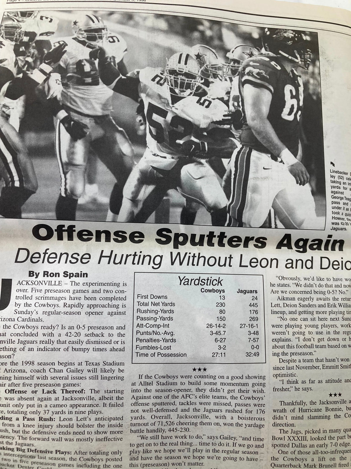 Dallas Cowboys Weekly Newspaper September 5 1998 Vol 24 #12 article titled 'Offense Sputters Again' discussing the Cowboys' performance against the Jaguars, with key statistics and analysis.