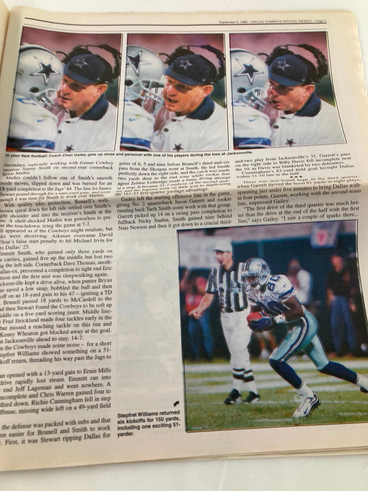 Dallas Cowboys Weekly Newspaper September 5 1998 Vol 24 #12 showcasing a series of images featuring Coach Chan Gailey and player reactions during a game, emphasizing team dynamics and strategy.
