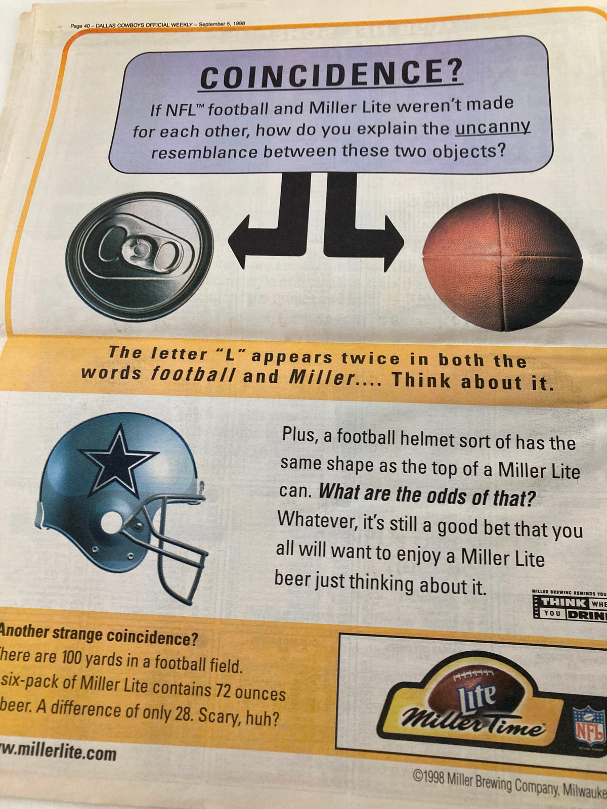 Dallas Cowboys Weekly Newspaper September 5 1998 Vol 24 #12 advertisement discussing the connection between Miller Lite and NFL football, featuring a football helmet and beer glass imagery.