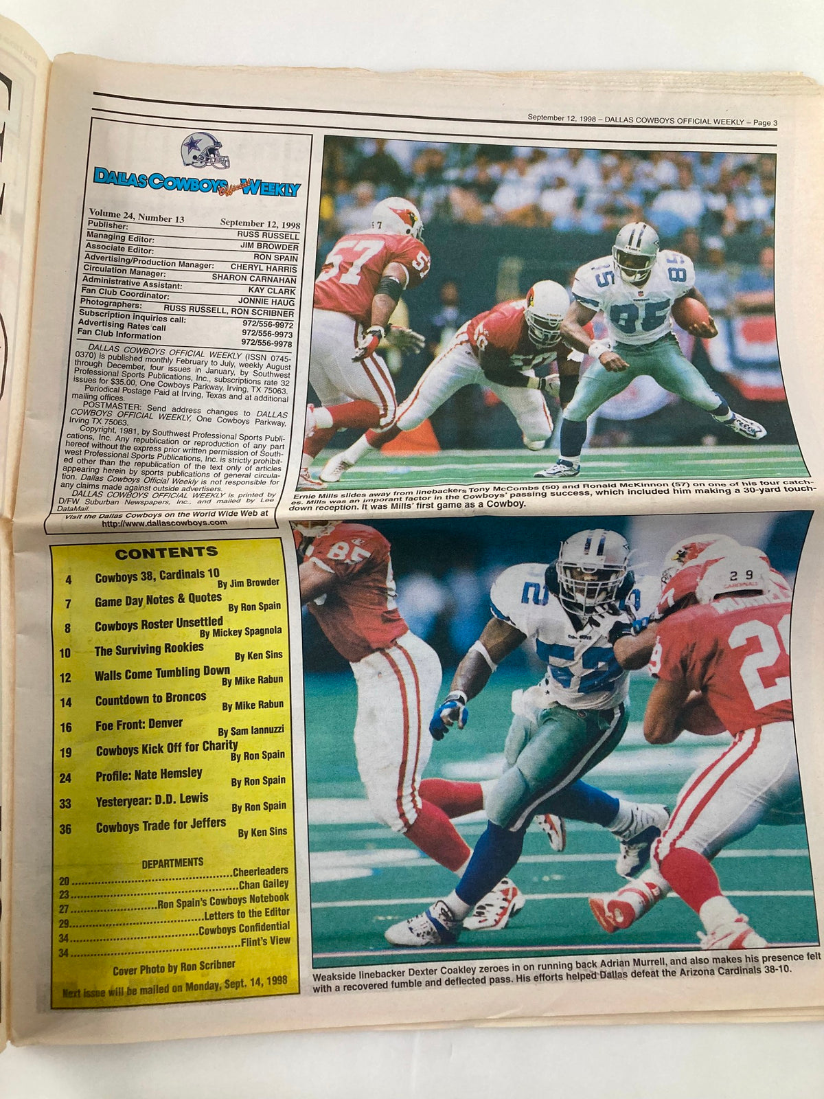 Dallas Cowboys Weekly Newspaper September 12 1998 Vol 24 #13 containing images of players in action, including receiver and defensive moments.