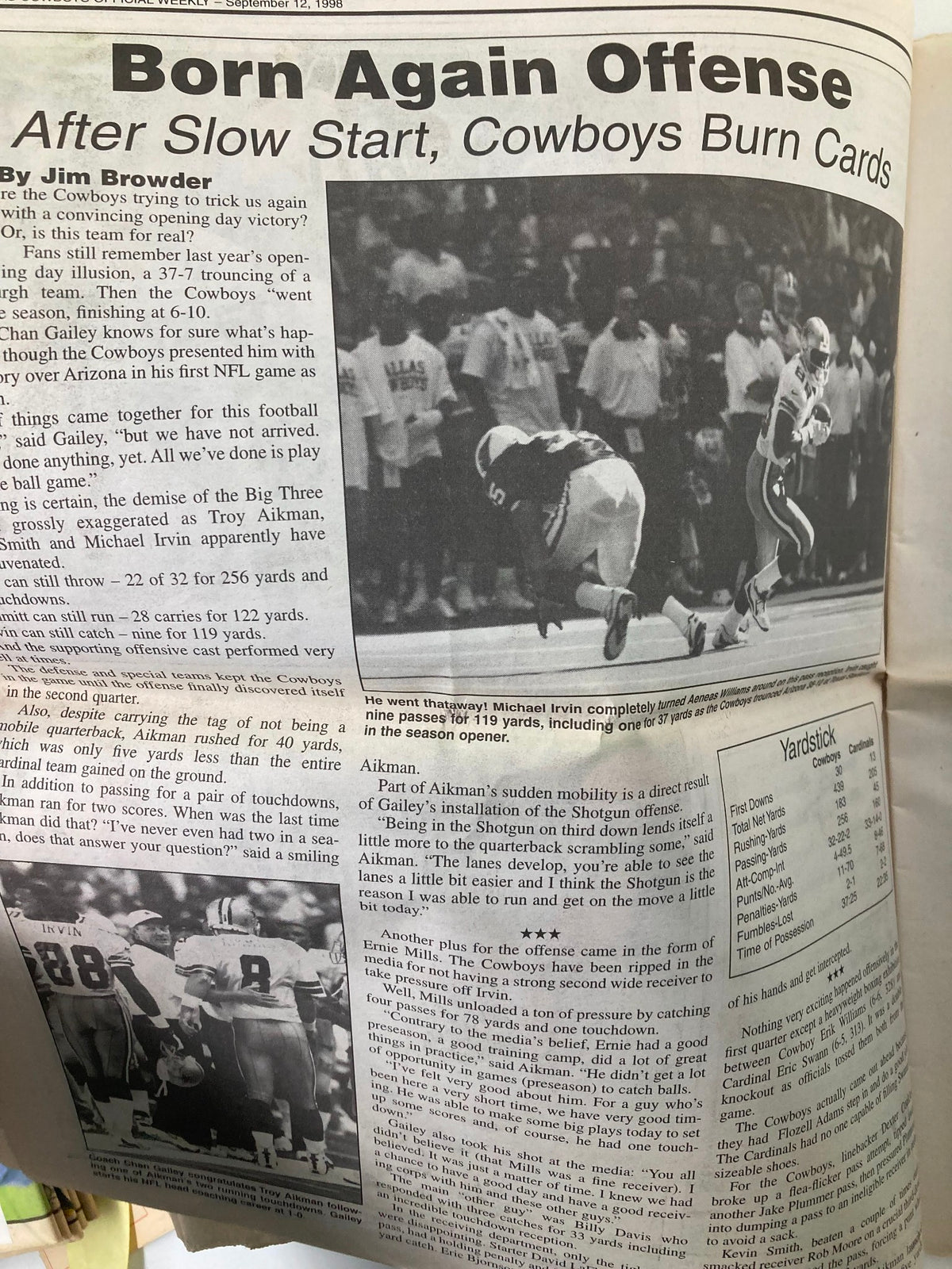 Dallas Cowboys Weekly Newspaper September 12 1998 Vol 24 #13 with an article titled 'Born Again Offense' discussing the team's performance against the Cardinals.