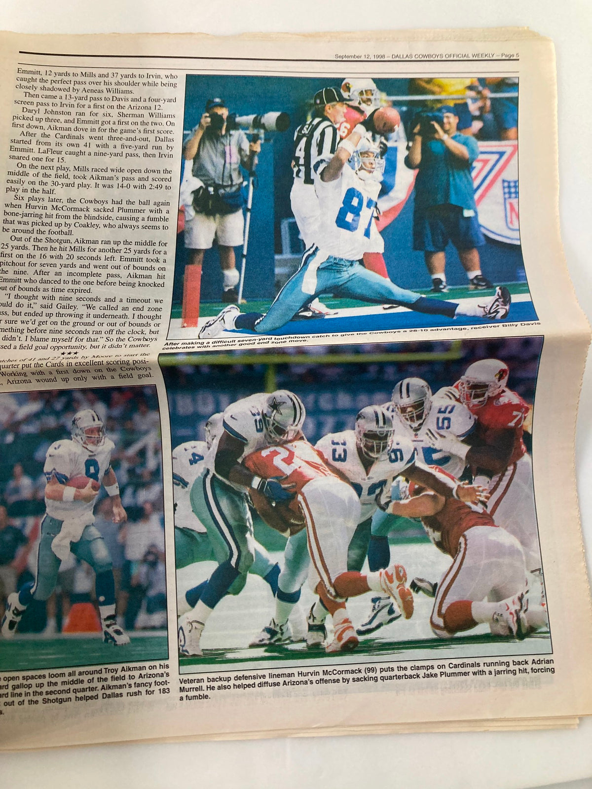 Dallas Cowboys Weekly Newspaper September 12 1998 Vol 24 #13 featuring player statistics and game analysis with images from the field.