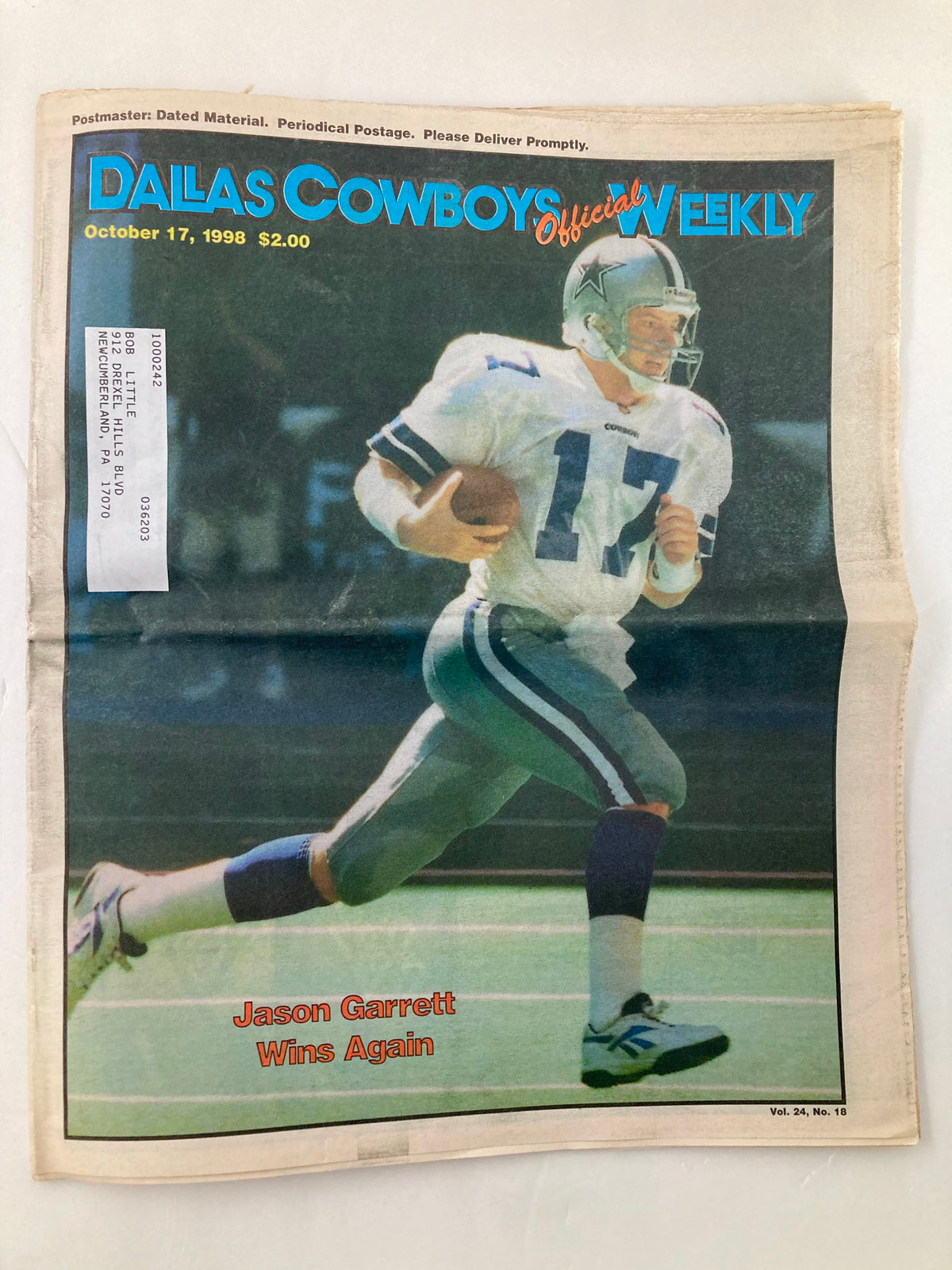Dallas Cowboys Weekly Newspaper from October 17, 1998, Volume 24, Issue 18 featuring Jason Garrett in action on the cover.