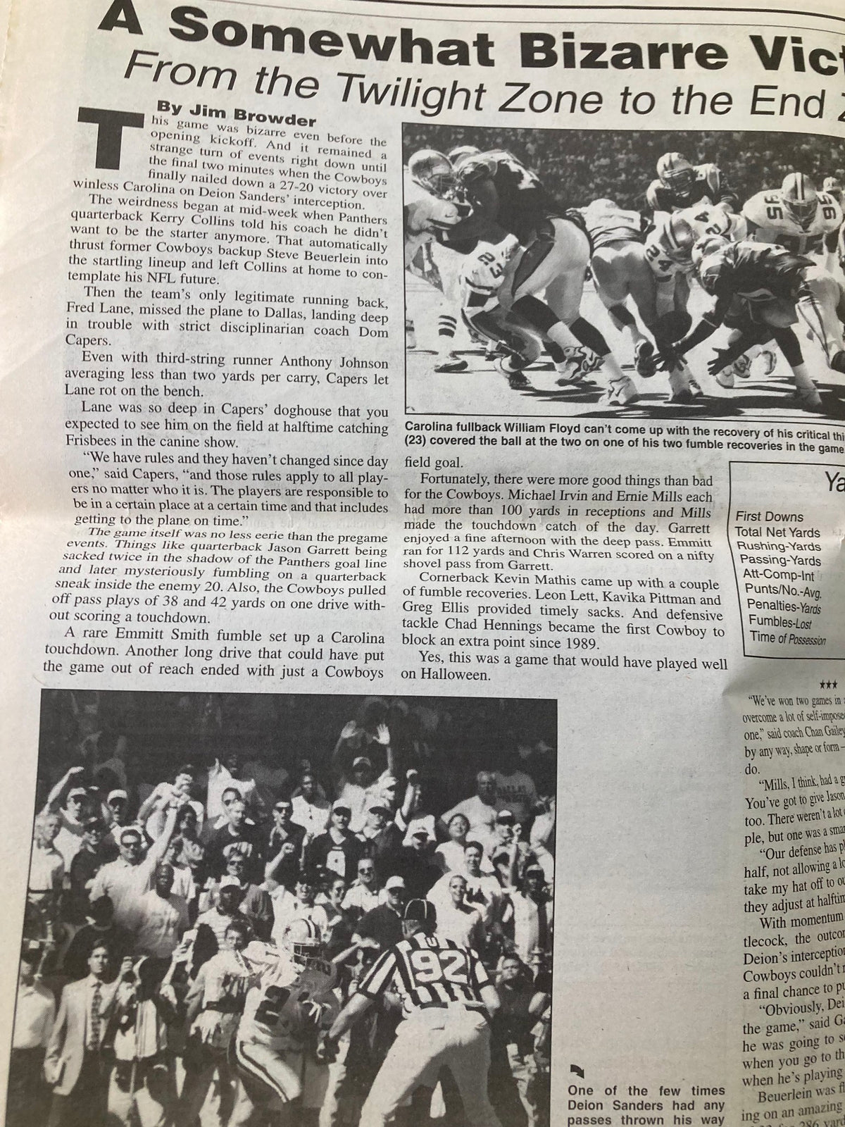 Article from the Dallas Cowboys Weekly Newspaper, October 17, 1998, Volume 24, Issue 18, discussing game highlights and commentary.