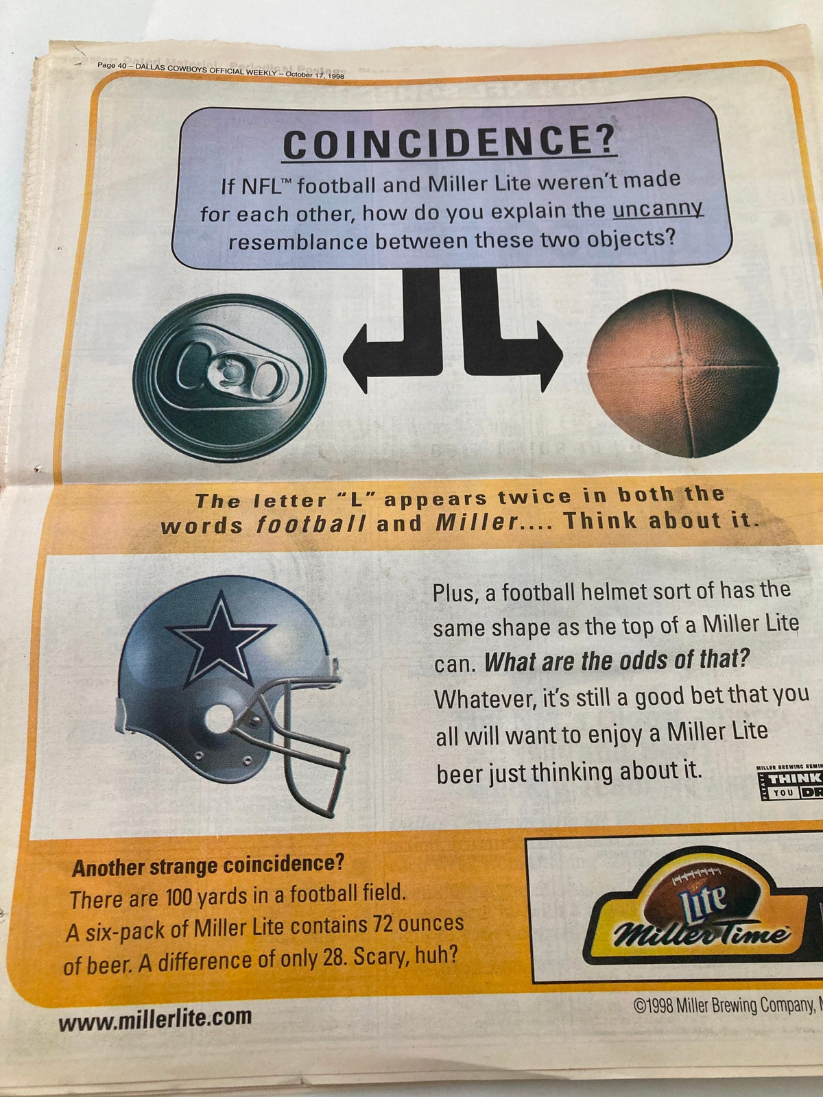 Dallas Cowboys Weekly Newspaper October 17 1998 Vol 24 #18 Jason Garrett featuring an advertisement that compares NFL football with Miller Lite, highlighting the letter 'L' in both brands.
