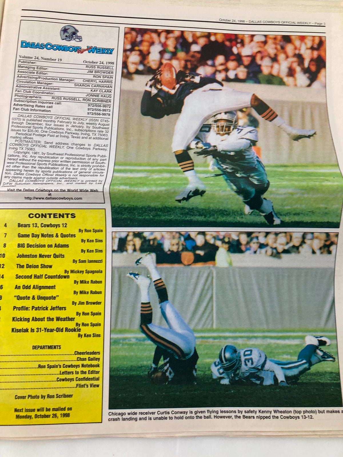 Inside page of Dallas Cowboys Weekly Newspaper from October 24, 1998, detailing game contents and highlights, including stats and analysis.