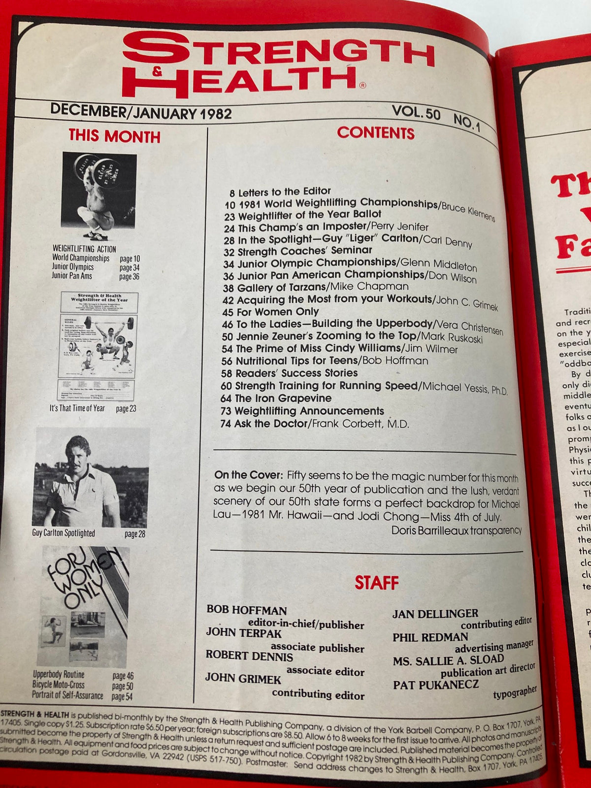 Table of contents from VTG Strength & Health Magazine January 1982 Vol 50 #1, listing various articles on weightlifting, fitness tips, and the staff involved in the publication.
