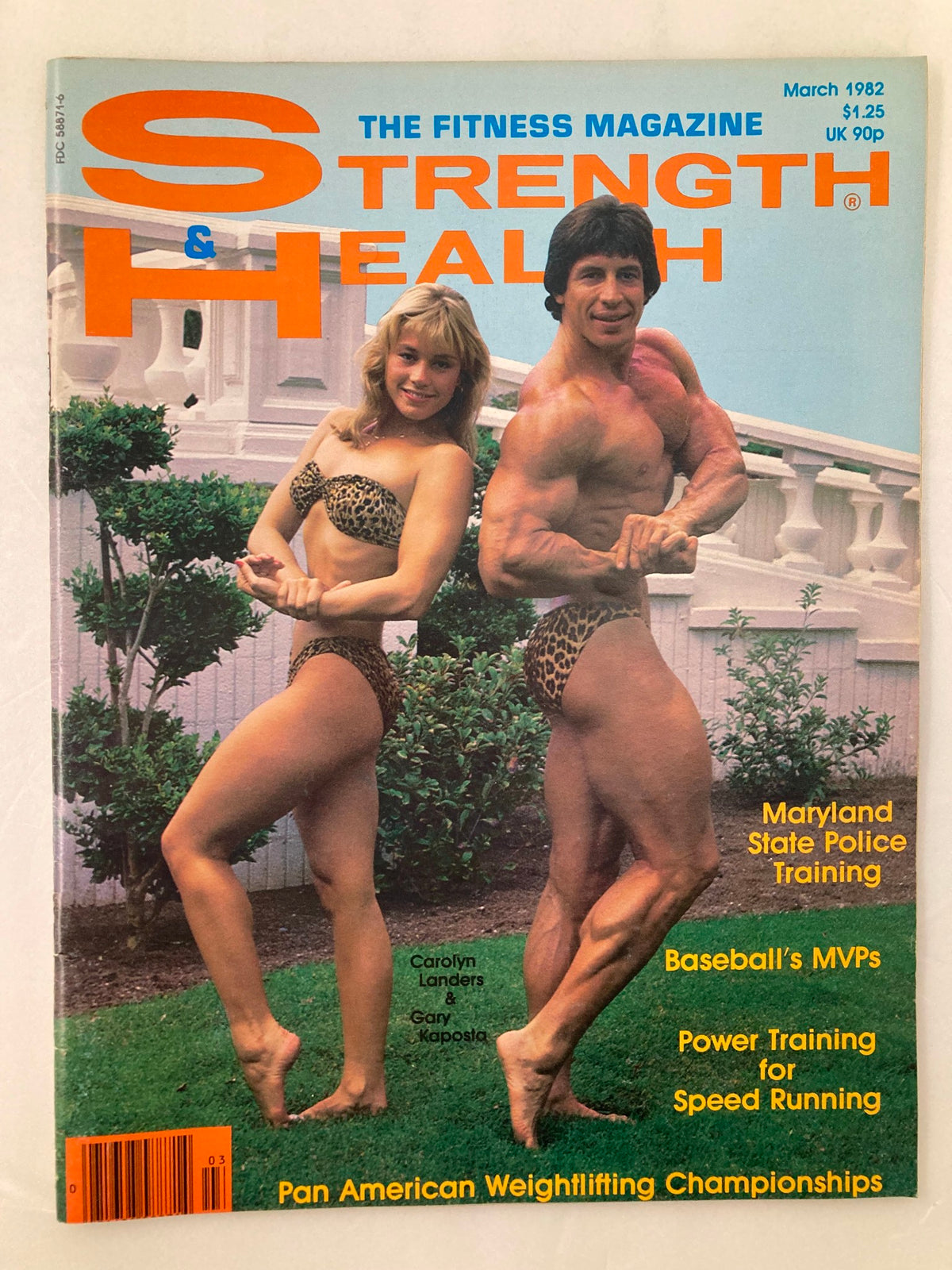 Cover of Strength & Health Magazine, February 1982, Volume 50, Issue #2 featuring fitness icons Carolyn Landers and Gary Kaposta posing in vibrant leopard print outfits, exemplifying the fitness culture of the early 1980s.