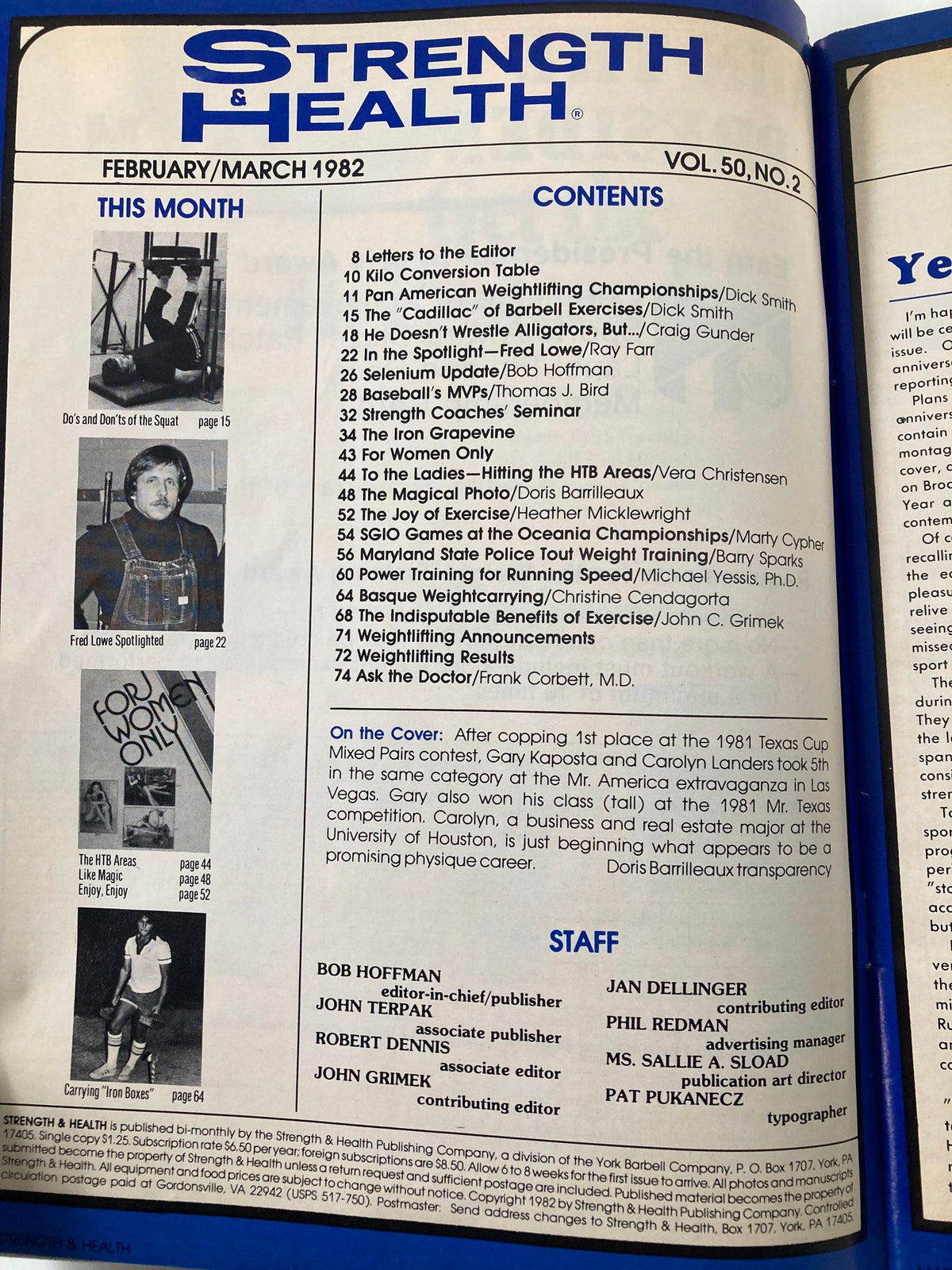 Contents page of Strength & Health Magazine, February 1982, Volume 50, Issue #2, outlining articles and features including weightlifting and fitness training tips.