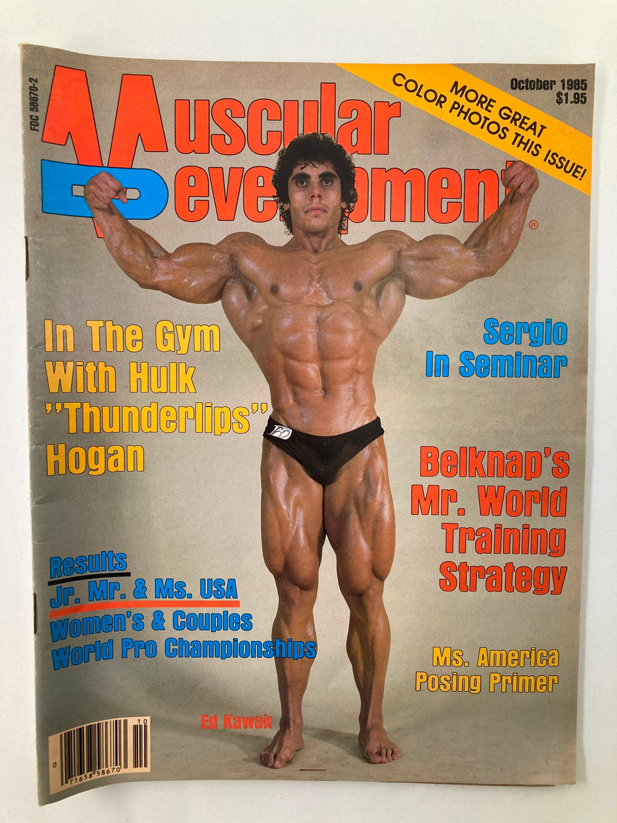 VTG Muscular Development Magazine October 1985 featuring Ed Kawak on the cover, showcasing a muscular male bodybuilder in a black posing brief, promoting fitness culture of the 1980s.