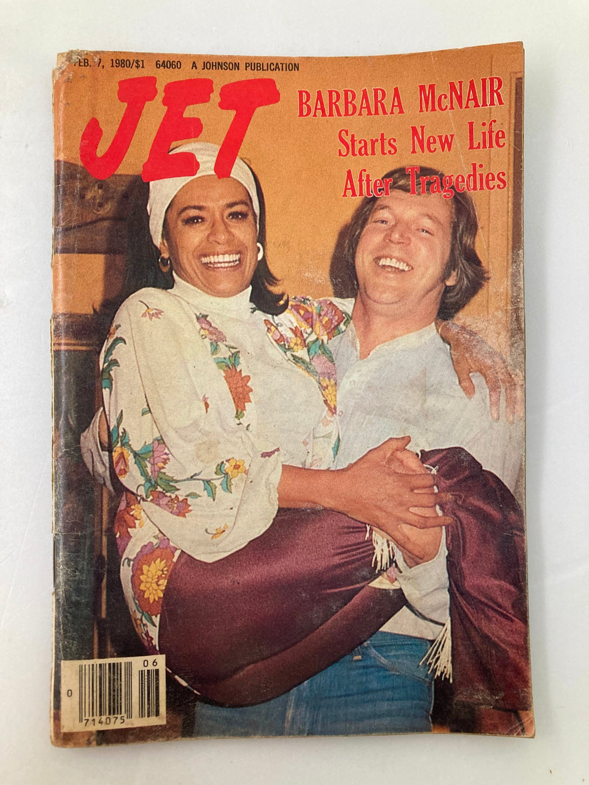 VTG Jet Magazine cover from February 7, 1980, featuring Barbara McNair, showcasing her smiling while being held by a man, with vibrant floral decorations on her clothing.