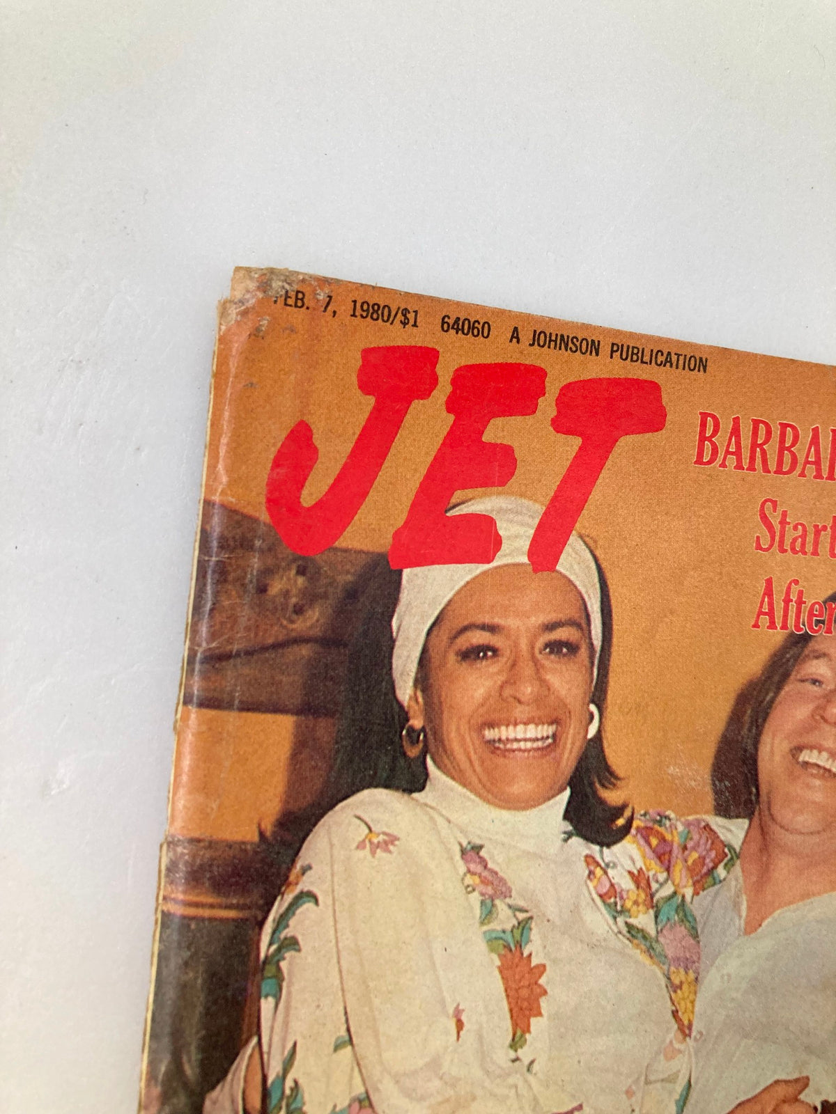 Close-up view of the VTG Jet Magazine cover from February 7, 1980, highlighting Barbara McNair's joyful expression, with the magazine's title prominently displayed.