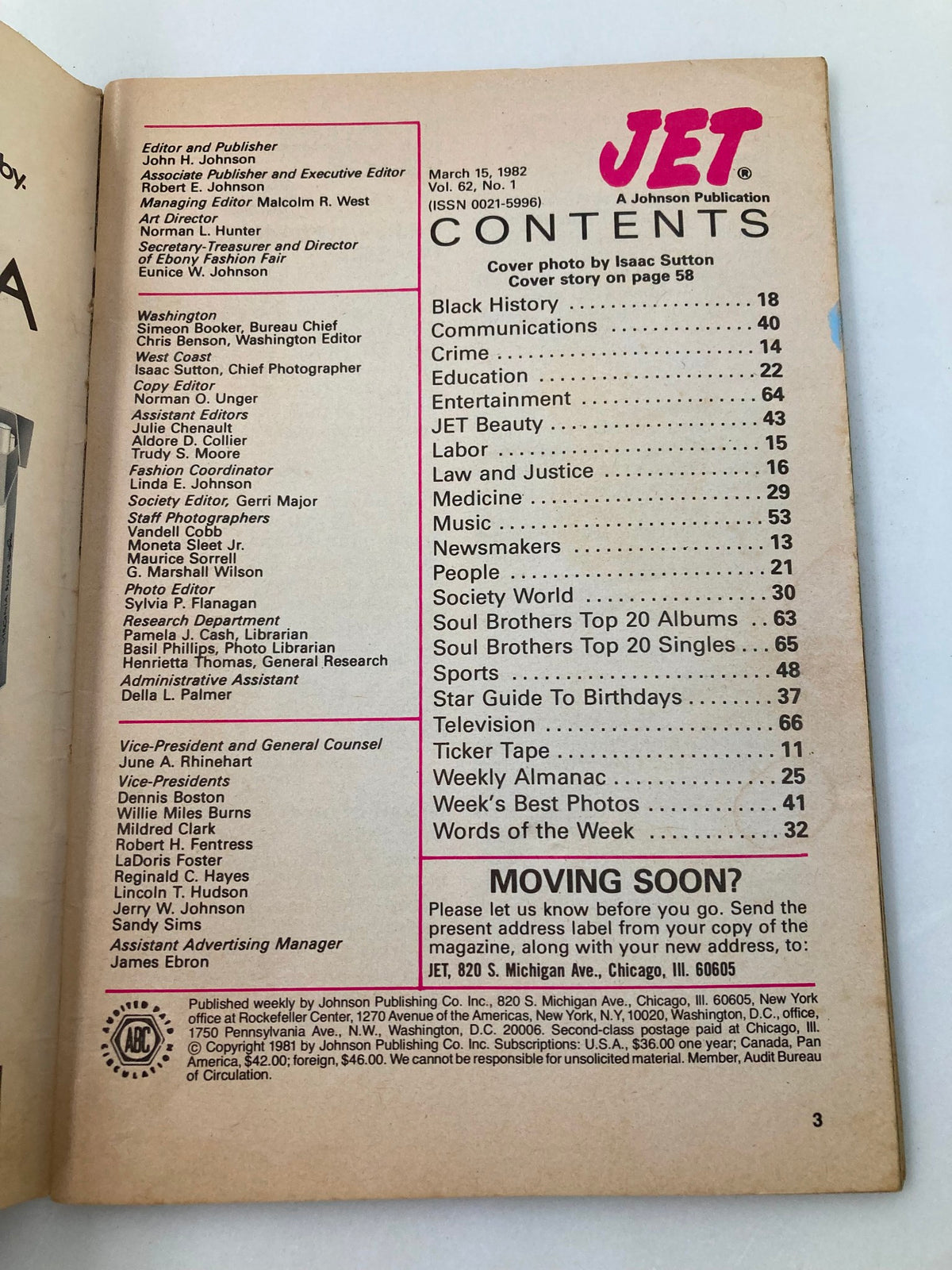 Contents page of VTG Jet Magazine March 15 1982, Vol 62 #1, listing featured articles and sections including Black History, Entertainment, Music, and more.