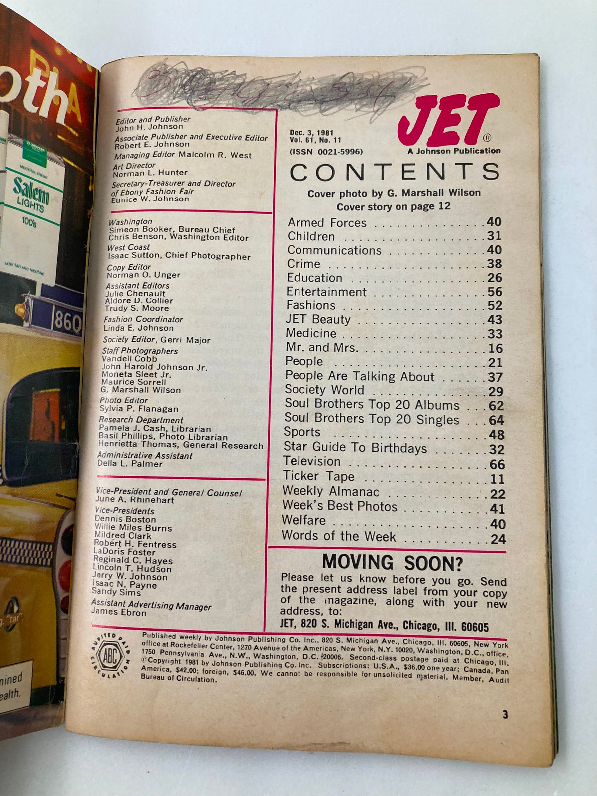 Inside contents page of VTG Jet Magazine December 3, 1981, Vol 61 #11, listing articles and features including education, entertainment, and fashion.