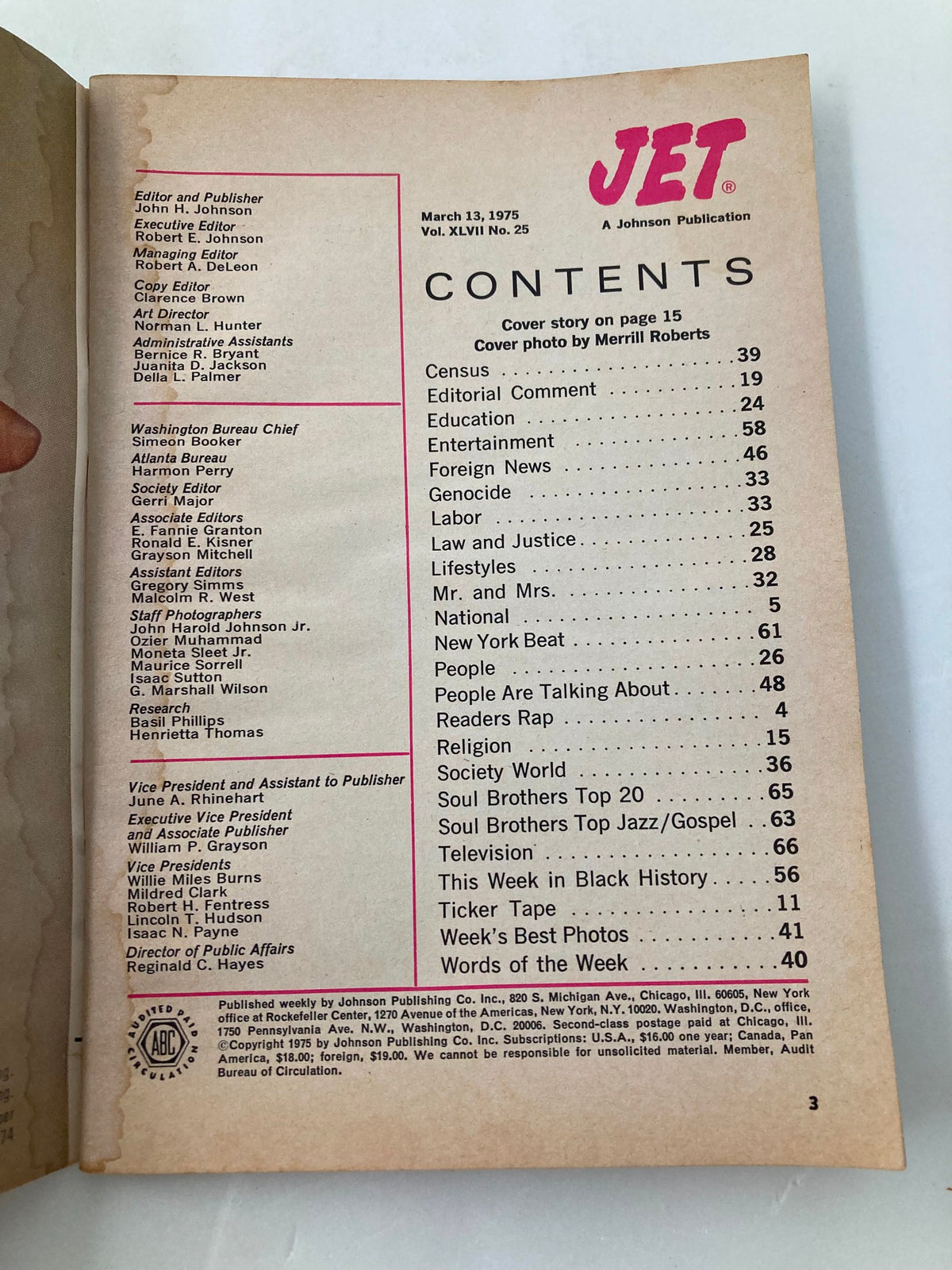 Contents page of Jet Magazine, March 13, 1975, Vol 47 #25 featuring detailed article listings including civil rights and social issues, highlighting the significance of Elijah Muhammad.