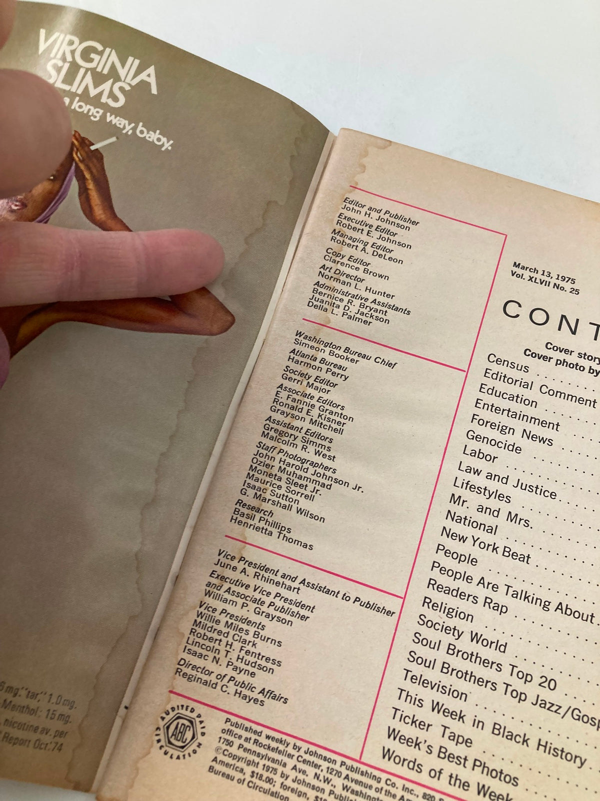 Virginia Slims advertisement and contents page of Jet Magazine, March 13, 1975, Vol 47 #25 showcasing editorial staff and feature articles relevant to the African American community.