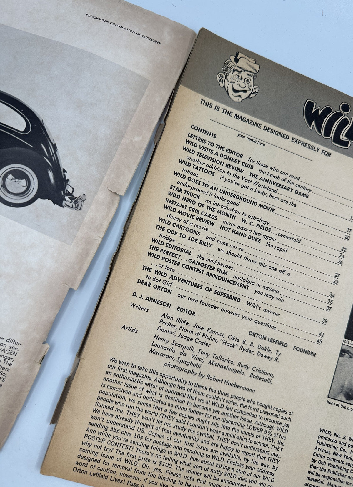 Table of Contents page from Wild! Magazine No. 2, displaying article titles and pages, emphasizing its quirky and satirical content.