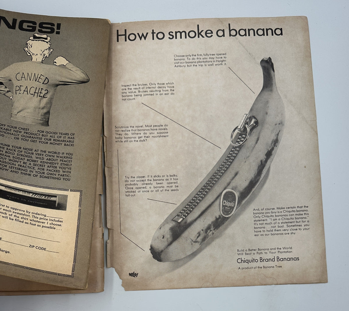 Page from Wild! Magazine No. 2 featuring humorous instructions on how to smoke a banana, highlighting the absurdity of underground movie satire and W.C. Fields. Graded Good (G 2.0) condition.