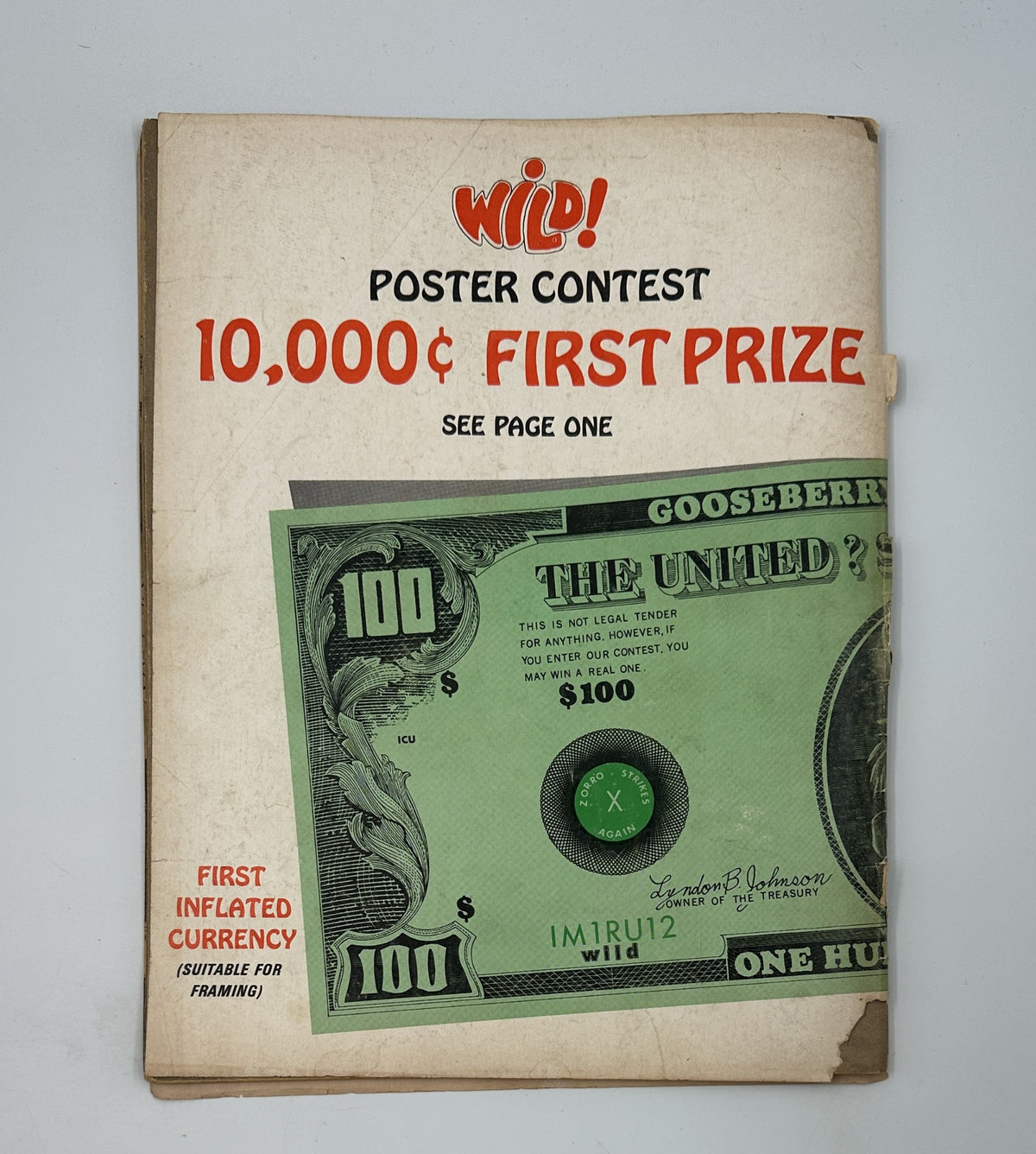 Cover of Wild! Magazine No. 2 showcasing a poster contest with a prize of 10,000 cents, emphasizing its underground movie satire theme and featuring a representation of inflated currency.