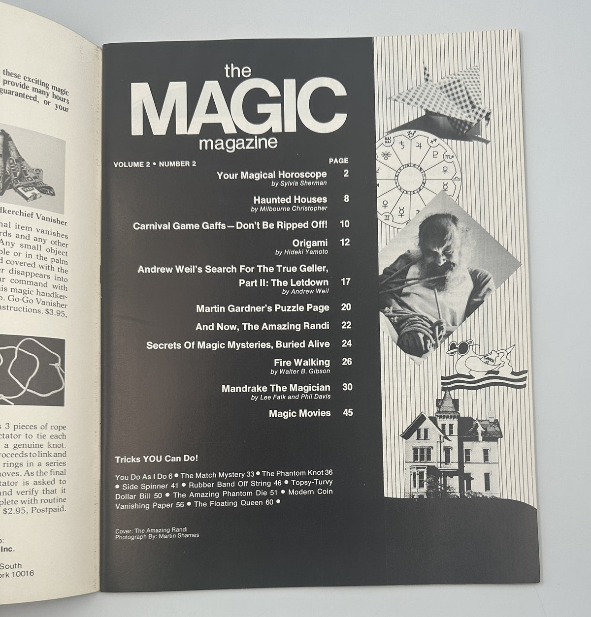 Inside page of The Magic Magazine February 1975 showing the Table of Contents, listing articles including 'Haunted Houses', 'Carnival Game Gaffs', and 'Secrets Of Magic Mysteries'.