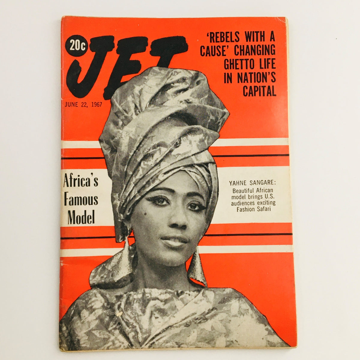 Cover of Jet Magazine from June 22, 1967, featuring Yahne Sangare, labeled as Africa's Famous Model, showcasing her elegant portrait in a traditional headwrap and attire, representing African culture and fashion.