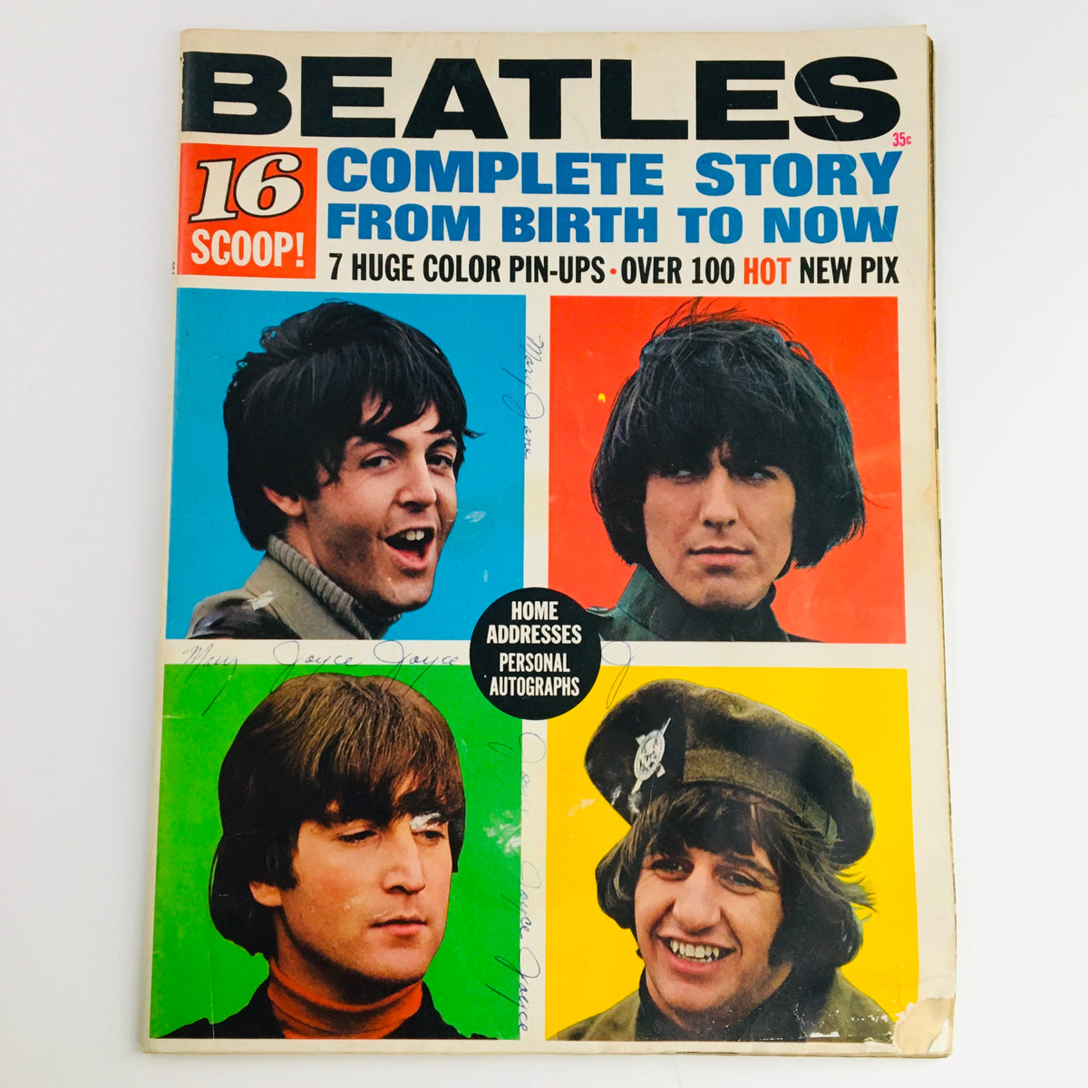 Cover of 16 Scoop Magazine 1965 featuring The Beatles, showcasing colorful portraits of the members with the title 'Complete Story From Birth to Now'.