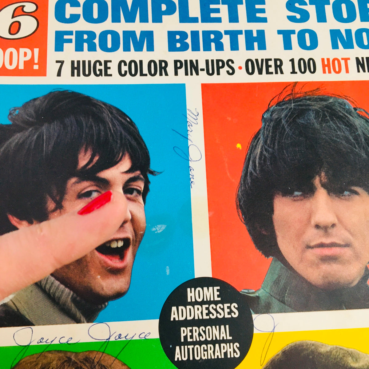 Detail of the 16 Scoop Magazine 1965 cover highlighting Paul McCartney and George Harrison with the title 'Complete Story From Birth to Now'.
