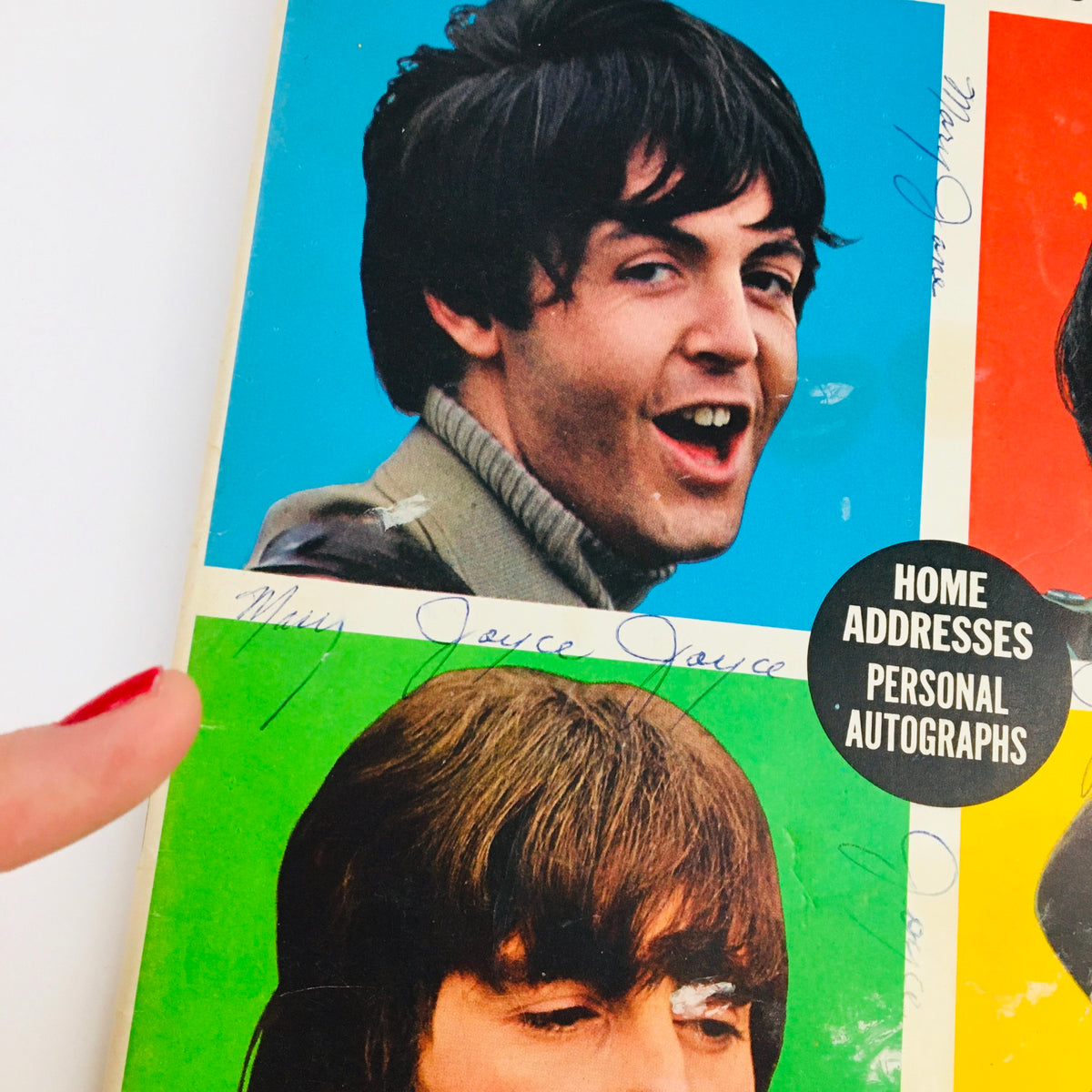 Close-up of Paul McCartney on the 16 Scoop Magazine 1965 cover, illustrating the vibrant colors and signatures with the title 'Complete Story From Birth to Now'.