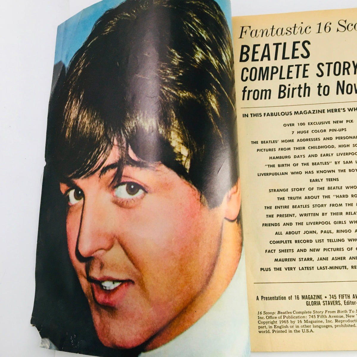 Cover page of 16 Scoop Magazine 1965 featuring the Beatles complete story with Paul McCartney's portrait and magazine details.